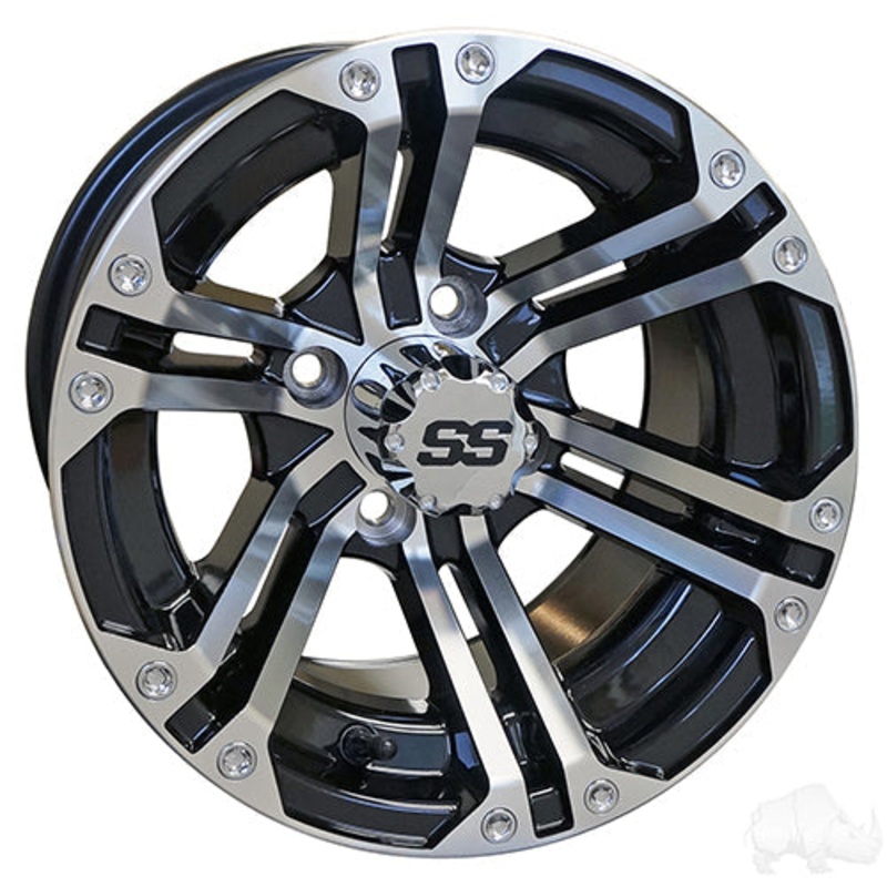 12″ Golf Cart Wheel –  Machined/Gloss Black & Center Cap –  12×7 ET-25