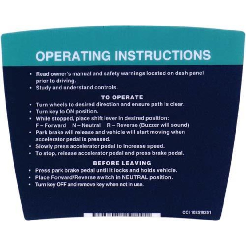 Club Car DS Operating Instructions Decal (Years 1992-Up)