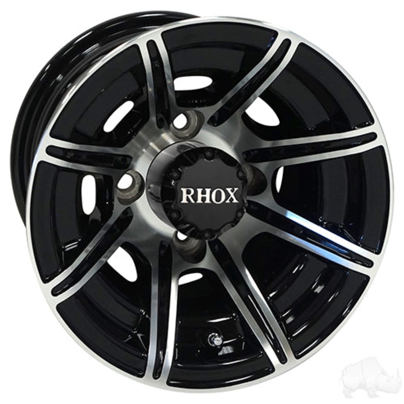 10″ Golf Cart Wheel – 8 Spoke Machined/Gloss Black Rim & Center Cap – 10×7 ET-22