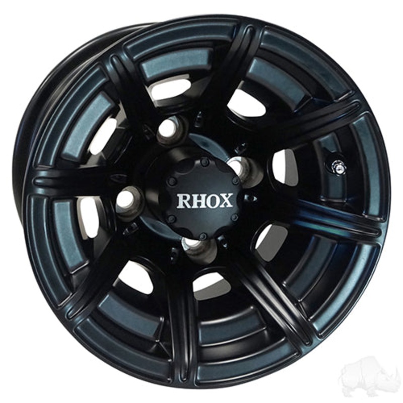 10″ Golf Cart Wheel – 8 Spoke Matte Black Rim & Center Cap – 10×7 ET-22
