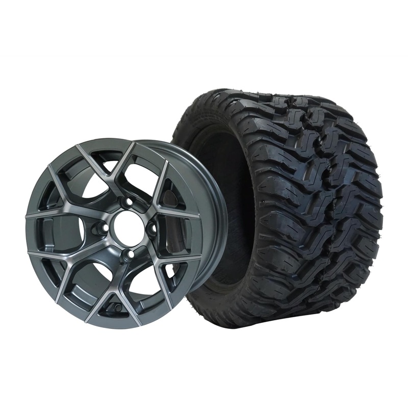 SGC 12″ Rally Machined/Gunmetal Wheel – Aluminum Alloy / STEELENG 20″x10″-12″ Mud Terrain Tire Tires Combo – Set of 4