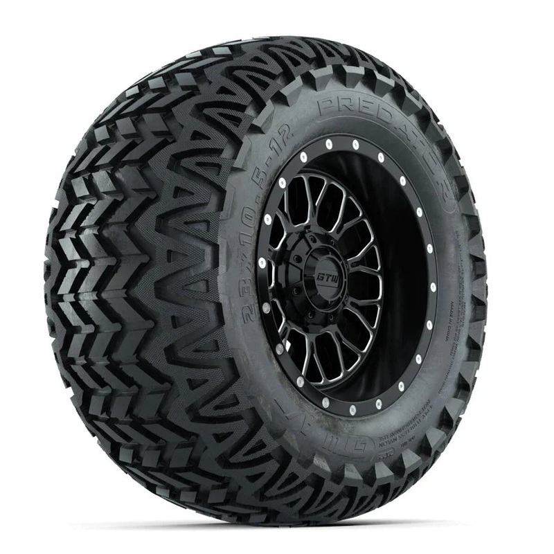 Set of (4) 12 in GTW Helix Machined & Black Wheels with 23×10.5-12 Predator All-Terrain Tires