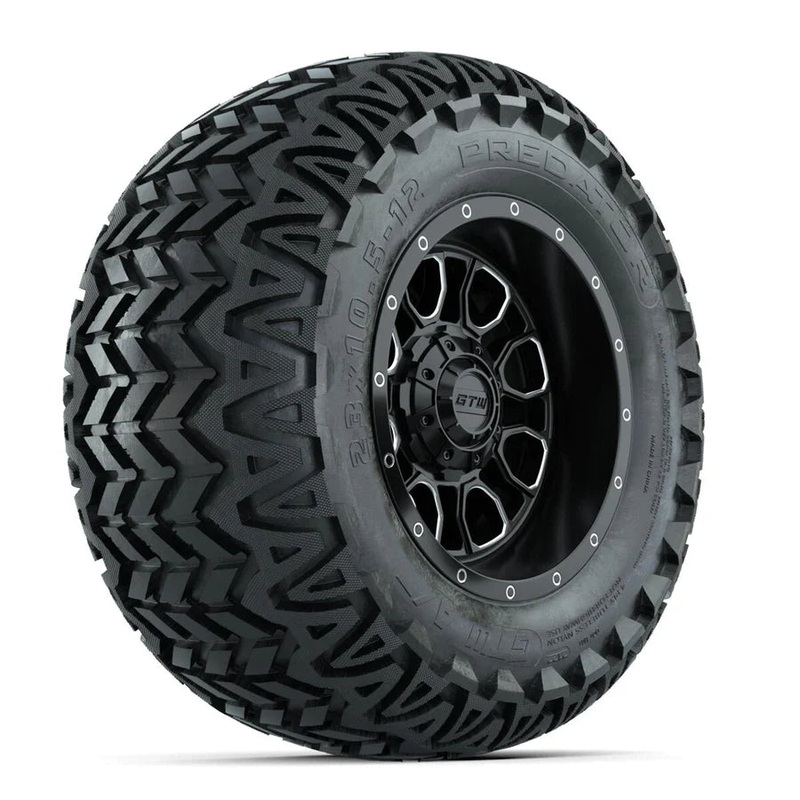Set of (4) 12 in GTW Volt Machined & Black Wheels with 23×10.5-12 Predator All-Terrain Tires