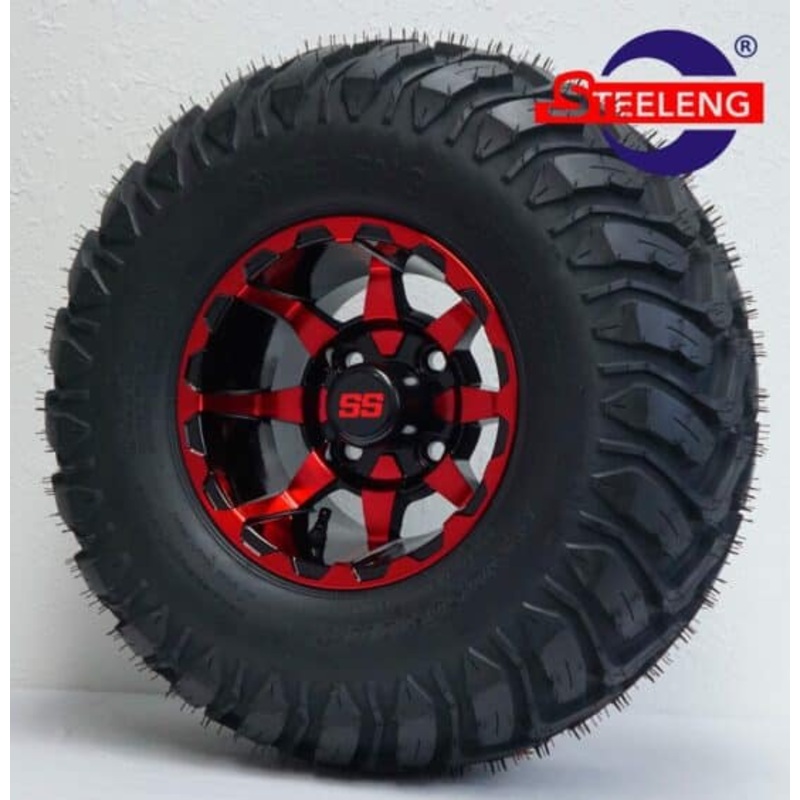 SGC 10″ Vortex Red/Black Wheel – Aluminum Alloy / STEELENG 22″x10.5″-12″ STINGER All Terrain Tire DOT approved Tires Combo – Set of 4