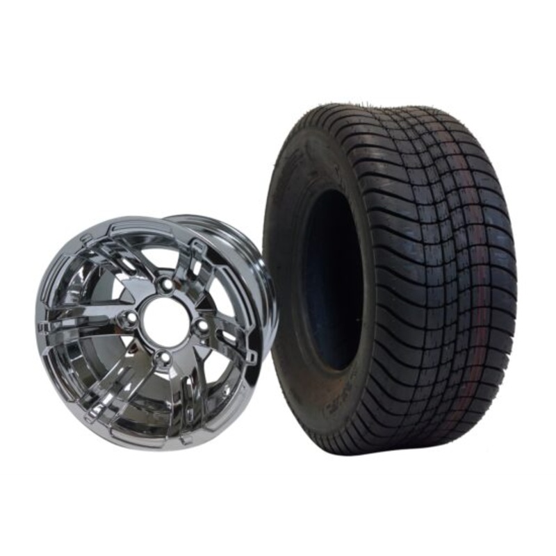 SGC 10″ x 7″ Bulldog Chrome Wheel – Aluminum Alloy / STEELENG 205/65-10 Comfort Ride Street Tire DOT approved Tires Combo – Set of 4