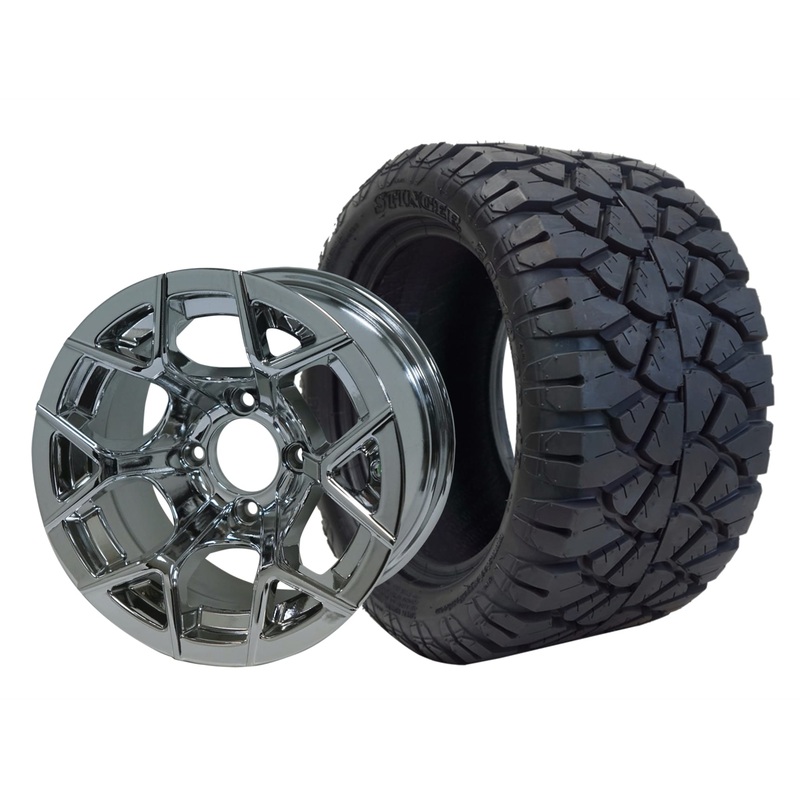SGC 12″ Rally Chrome Wheel – Aluminum Alloy / STEELENG 20″x10″-12″ STINGER All Terrain Tire DOT approved Tires Combo – Set of 4