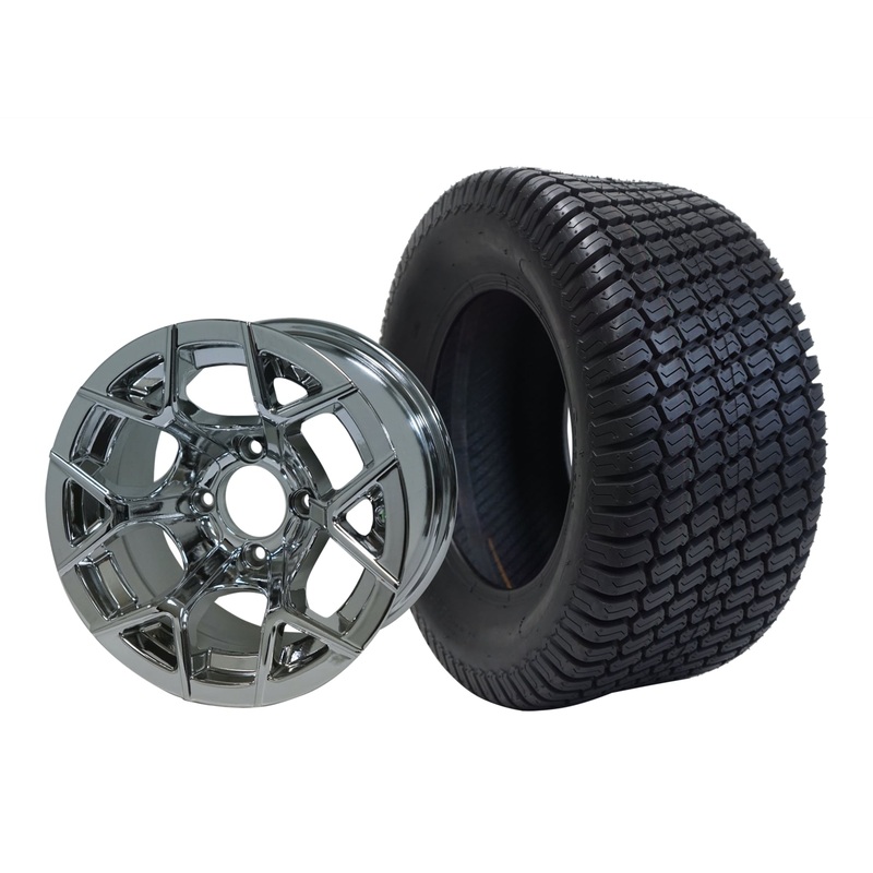 SGC 12″ Rally Chrome Wheel – Aluminum Alloy / STEELENG 23″x10.5″-12″ Turf Tire Tires Combo – Set of 4