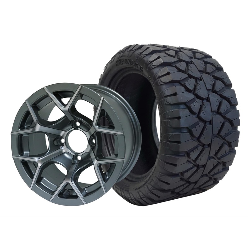 SGC 12″ Rally Machined/Gunmetal Wheel – Aluminum Alloy / STEELENG 22″x10.5″-12″ STINGER All Terrain Tire DOT approved Tires Combo – Set of 4