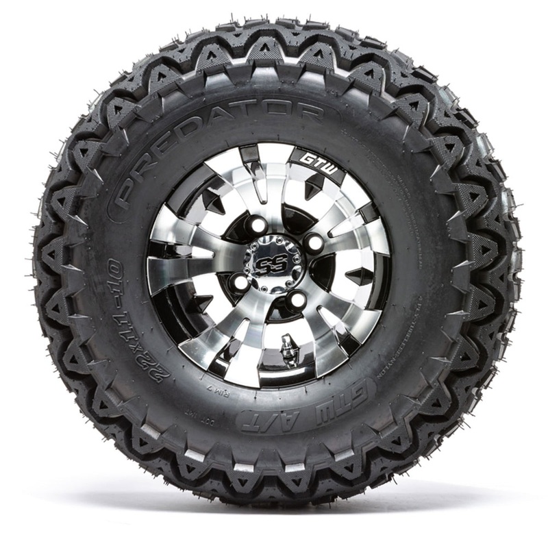 10″ GTW Vampire Black and Machined Wheels with 22″ Predator A/T Tires  Set of 4