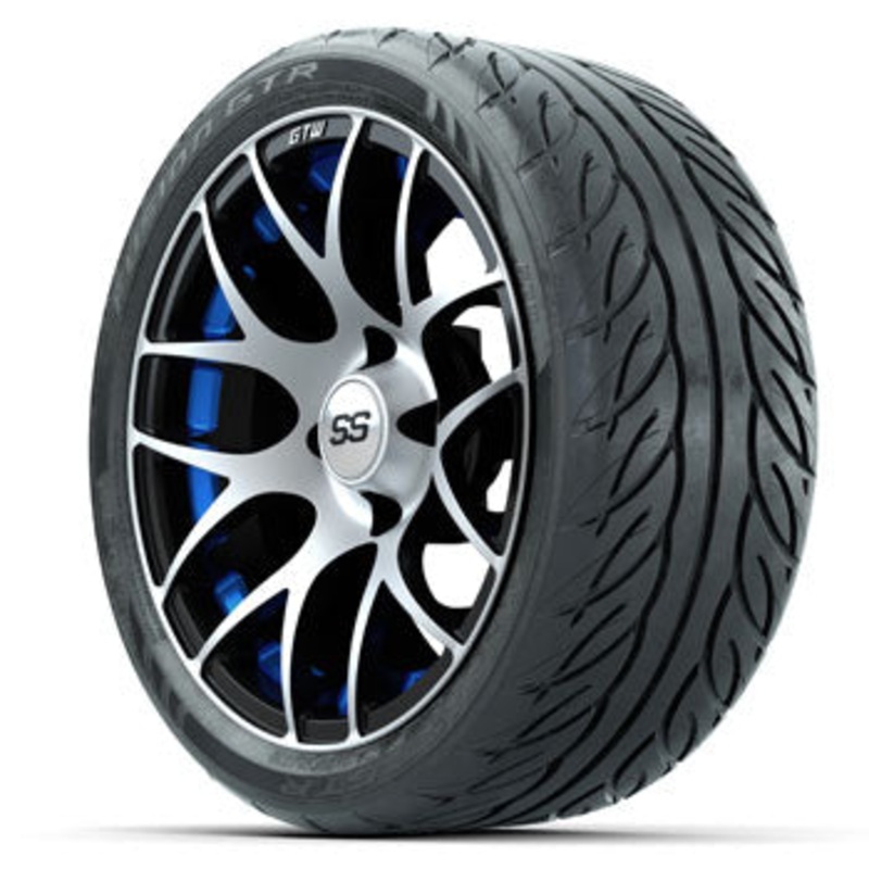 GTW Pursuit Black/Blue 14 in Wheels with 205/40-R14 Fusion GTR Street Tires – Set of 4