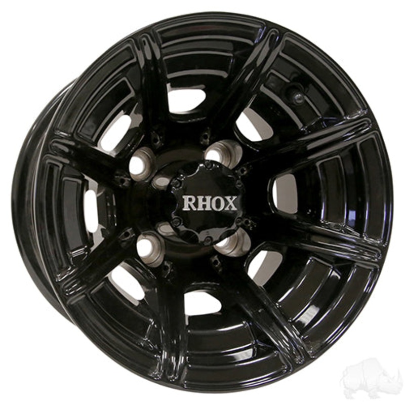 10″ Golf Cart Wheel – 8 Spoke Gloss Black Rim & Center Cap – 10×7 ET-22