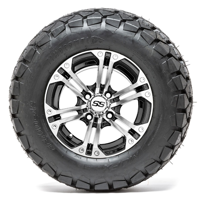 12″ GTW Specter Black/Machined Lifted Golf Cart Wheels on 22″ Trail Tires – Set of 4