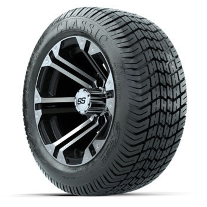 GTW Specter Black and Machined 12 in Wheels with 215/40-12 Excel Lo-Pro Street Tires – Set of 4