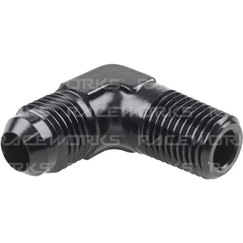 Raceworks AN to NPT Adaptors – 90 Degree AN-3 MALE FLARE TO NPT 1/8IN 90DEG