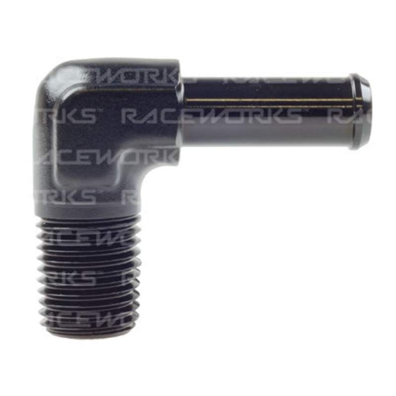 Raceworks Barb – NPT Male to Barb 90 Degree MALE NPT 1/8IN TO 3/16IN BARB 90DEG