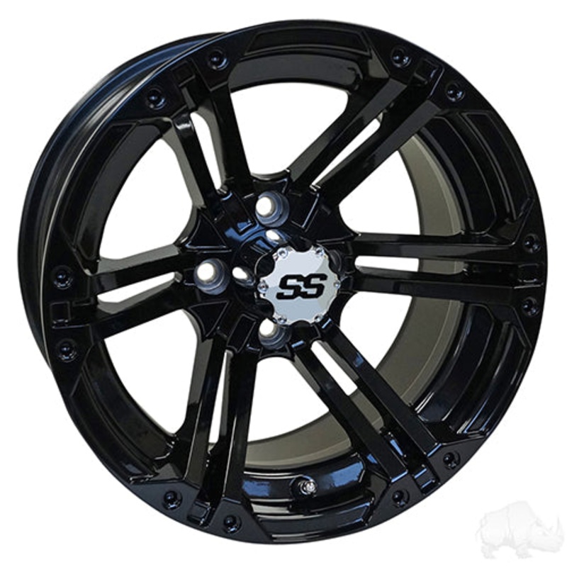 14″ Golf Cart Wheel – Gloss Black Rim & Chrome Center Cap – 14×7 ET-25