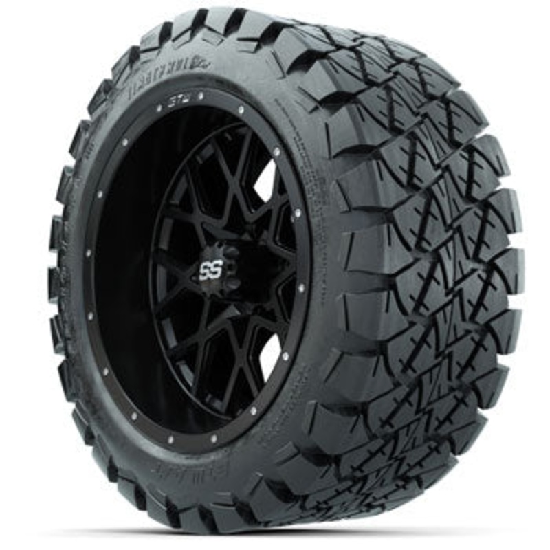 GTW Matte Black Vortex 14 in Wheels with 22×10-14 Timberwolf All-Terrain Tires – Set of 4