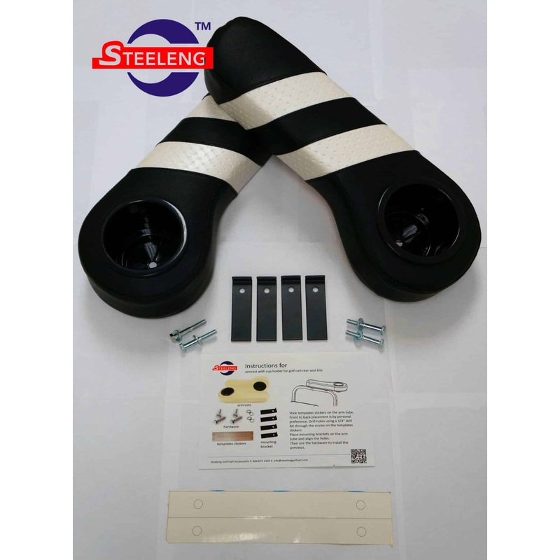 SGC Golf Cart Rear Seat Armrests Cushion w/ Cup Holders (Black/White) Two Stripes