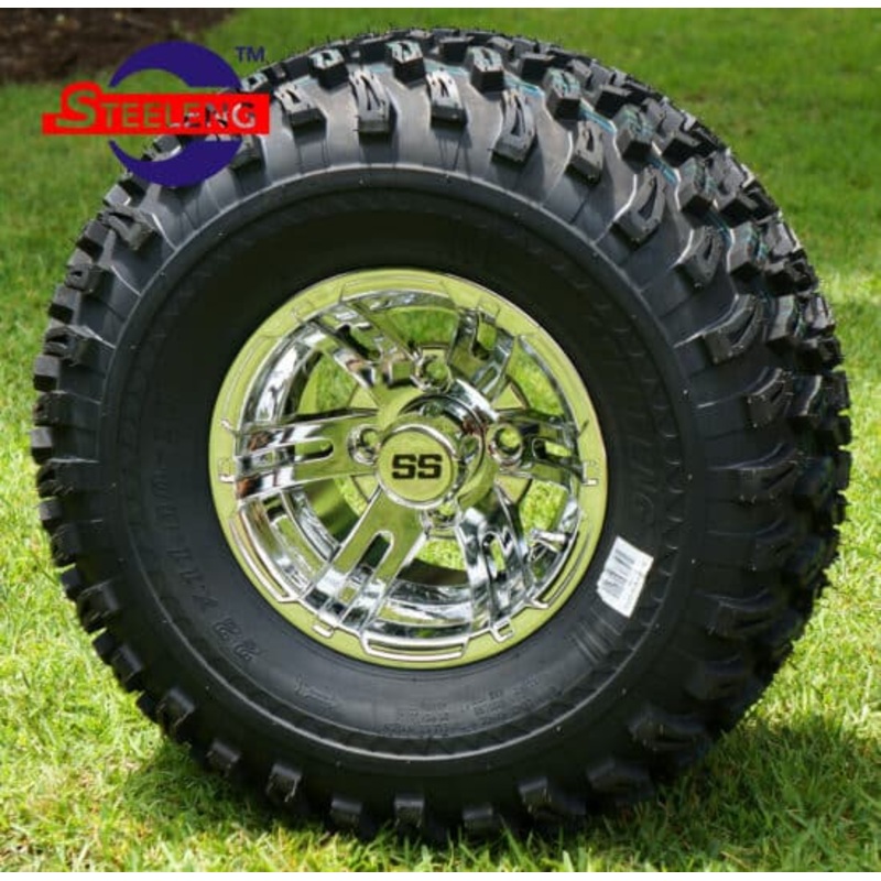 SGC 10″ Bulldog Chrome Wheel – Aluminum Alloy / STEELENG 22″x11″-10″ All Terrain Tire DOT approved Tires Combo – Set of 4