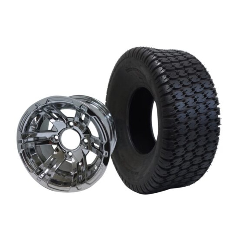 SGC 10″ Bulldog Chrome Wheel – Aluminum Alloy / STEELENG 22″x9.5″-10″ Turf Tire Tires Combo – Set of 4