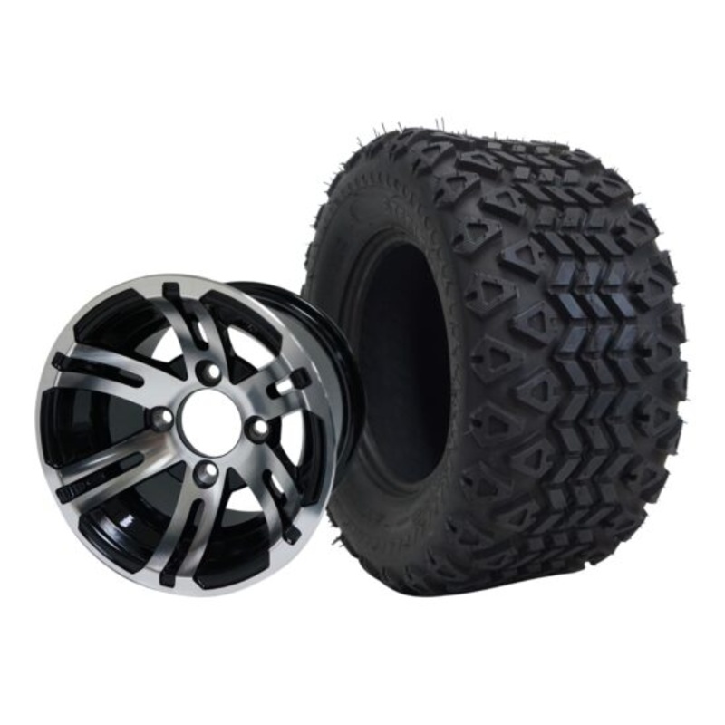 SGC 10″ Bulldog Machined/Black Wheel – Aluminum Alloy / STEELENG 20″x10″-10″ All Terrain Tire DOT approved Tires Combo – Set of 4