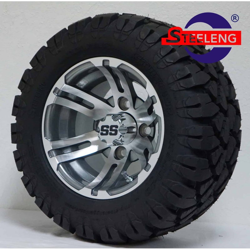 SGC 10″ Bulldog Machined/Gunmetal Wheel – Aluminum Alloy / STEELENG 18″x9″-10″ STINGER All Terrain Tire DOT approved Tires Combo – Set of 4