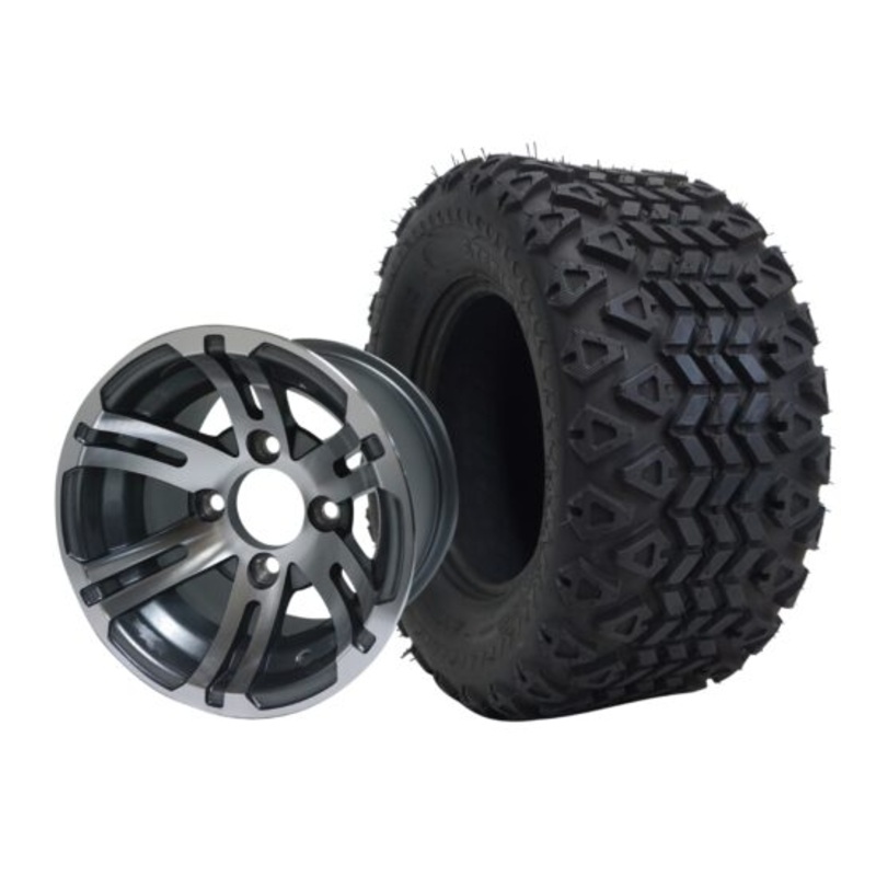 SGC 10″ Bulldog Machined/Gunmetal Wheel – Aluminum Alloy / STEELENG 20″x10″-10″ All Terrain Tire DOT approved Tires Combo – Set of 4