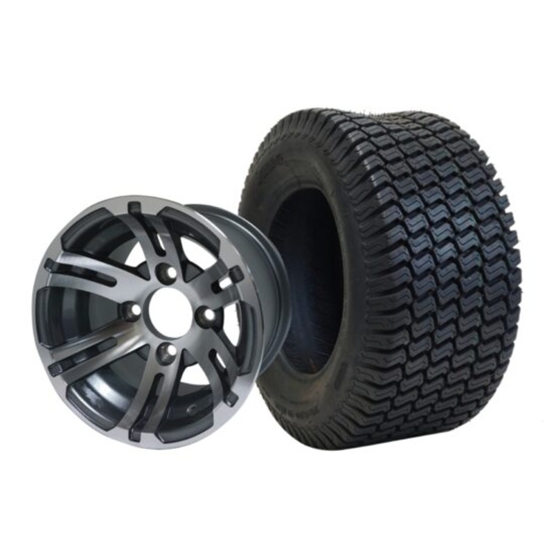SGC 10″ Bulldog Machined/Gunmetal Wheel – Aluminum Alloy / STEELENG 20″x8″-10″ Turf Tire Tires Combo – Set of 4