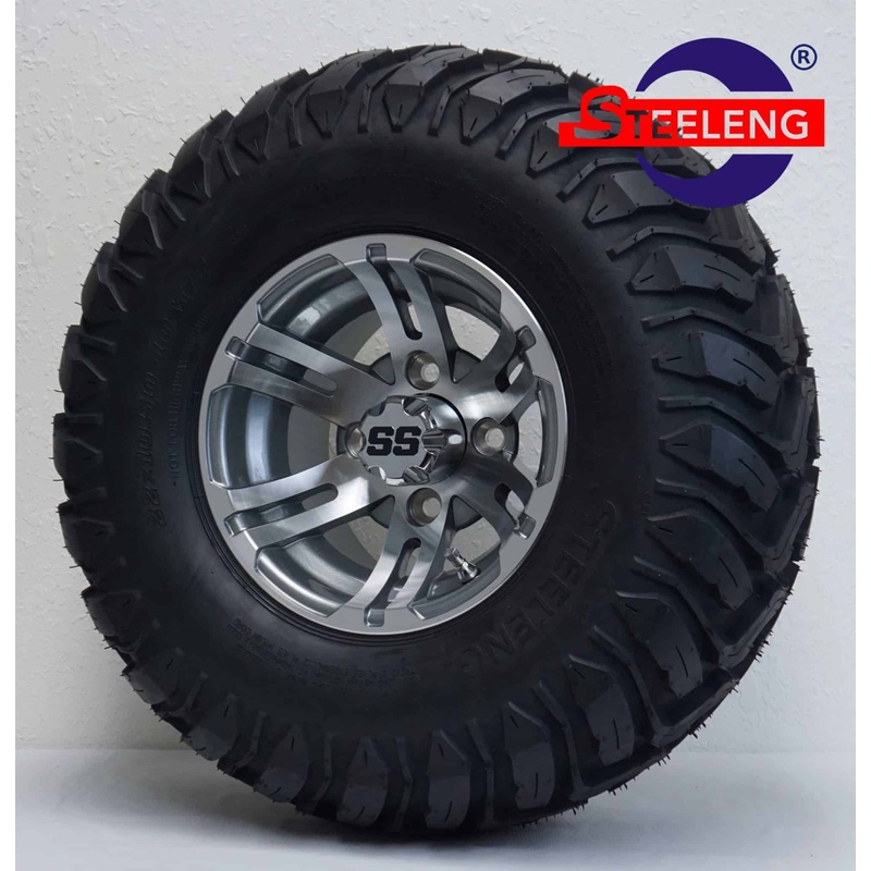 SGC 10″ Bulldog Machined/Gunmetal Wheel – Aluminum Alloy / STEELENG 22″x10.5″-10″ Mud Terrain Tires Combo – Set of 4