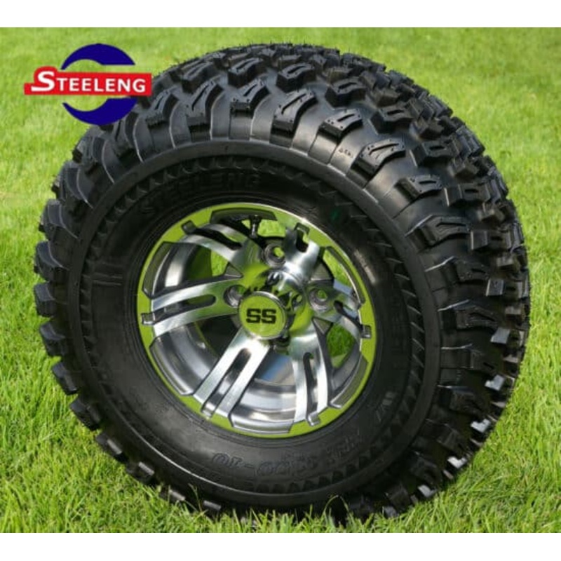 SGC 10″ Bulldog Machined/Gunmetal Wheel – Aluminum Alloy / STEELENG 22″x11″-10″ All Terrain Tire DOT approved Tires Combo – Set of 4