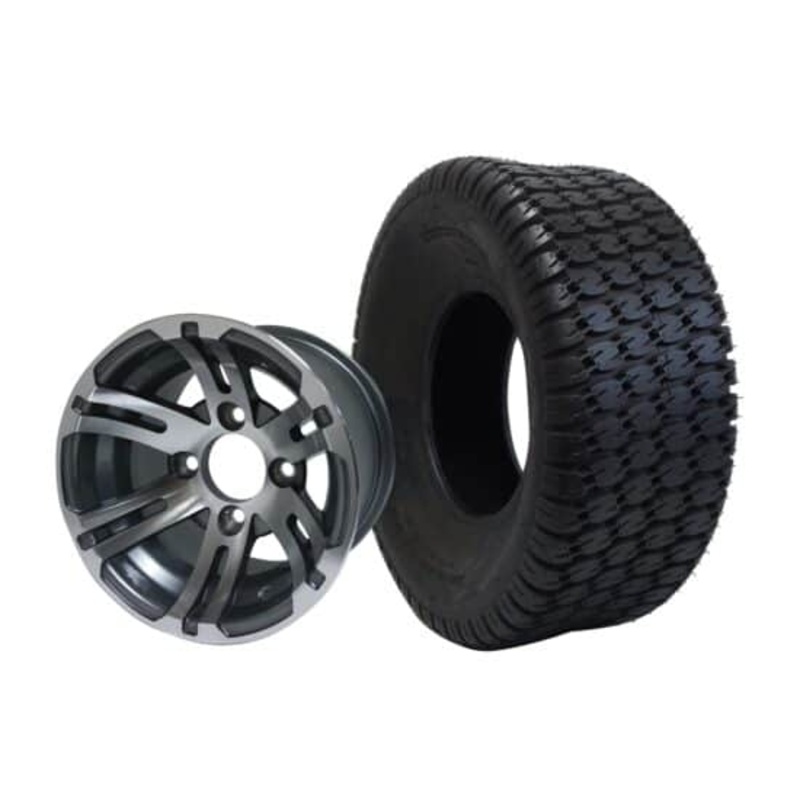 SGC 10″ Bulldog Machined/Gunmetal Wheel – Aluminum Alloy / STEELENG 22″x9.5″-10″ Turf Tire Tires Combo – Set of 4