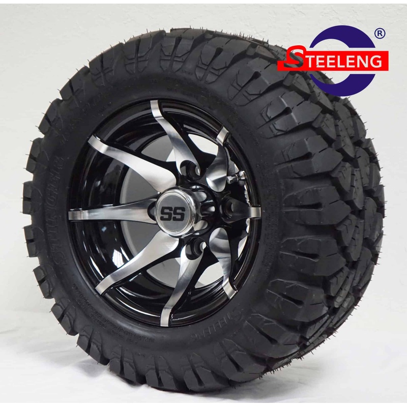 SGC 10″ Kraken Machined/Black Wheel – Aluminum Alloy / STEELENG 18″x9″-10″ STINGER All Terrain Tire DOT approved Tires Combo – Set of 4