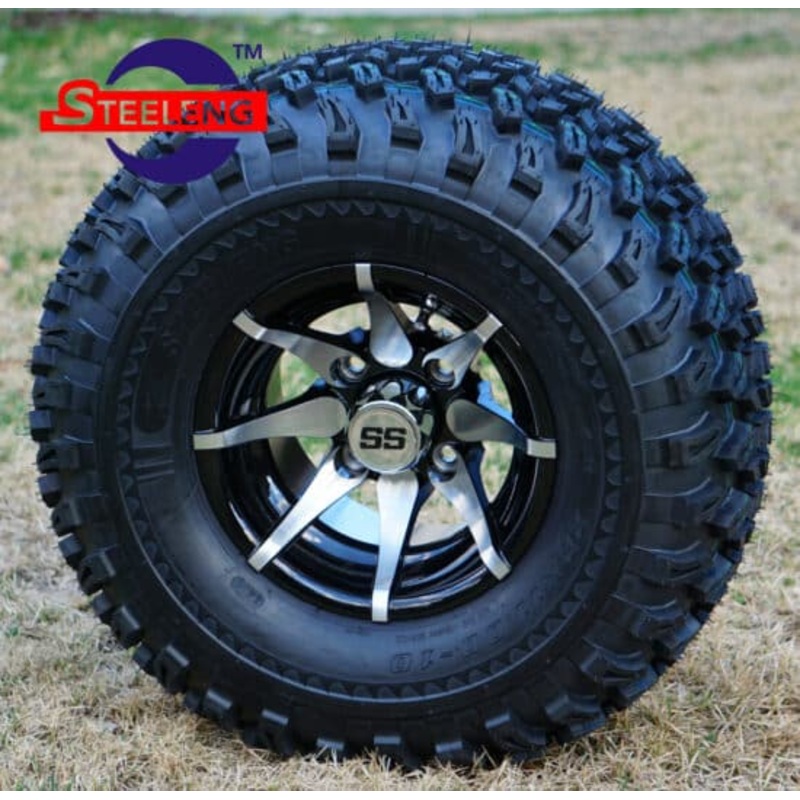 SGC 10″ Kraken Machined/Black Wheel – Aluminum Alloy / STEELENG 22″x11″-10″ All Terrain Tire DOT approved Tires Combo – Set of 4