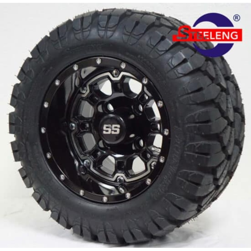 SGC 10″ Panther Glossy Black Wheel – Aluminum Alloy / STEELENG 18″x9″-10″ STINGER All Terrain Tire DOT approved Tires Combo – Set of 4