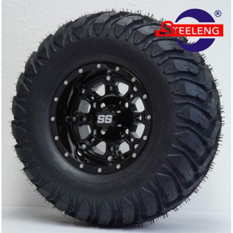 SGC 10″ Panther Glossy Black Wheel – Aluminum Alloy / STEELENG 22″x10.5″-10″ Mud Terrain Tires Combo – Set of 4