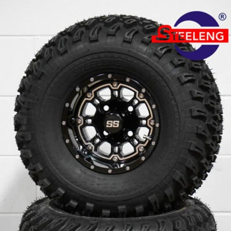 SGC 10″ Panther Glossy Black Wheel – Aluminum Alloy / STEELENG 22″x11″-10″ All Terrain Tire DOT approved Tires Combo – Set of 4