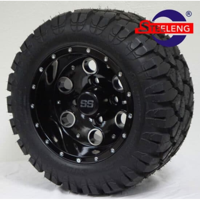 SGC 10″ Pioneer Glossy Black Wheel – Aluminum Alloy / STEELENG 18″x9″-10″ STINGER All Terrain Tire DOT approved Tires Combo – Set of 4