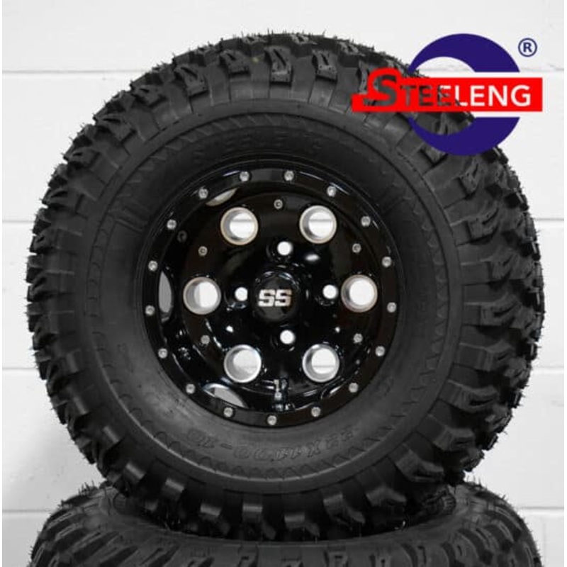 SGC 10″ Pioneer Glossy Black Wheel – Aluminum Alloy / STEELENG 22″x11″-10″ All Terrain Tire DOT approved Tires Combo – Set of 4