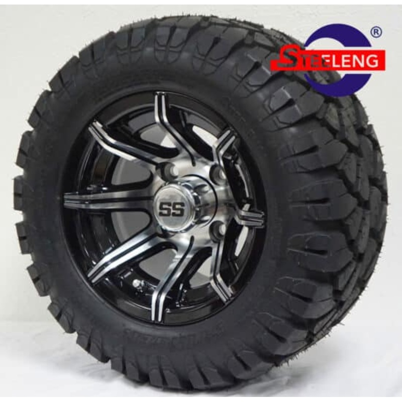 SGC 10″ Spider Machined/Black Wheel – Aluminum Alloy / STEELENG 18″x9″-10″ STINGER All Terrain Tire DOT approved Tires Combo – Set of 4