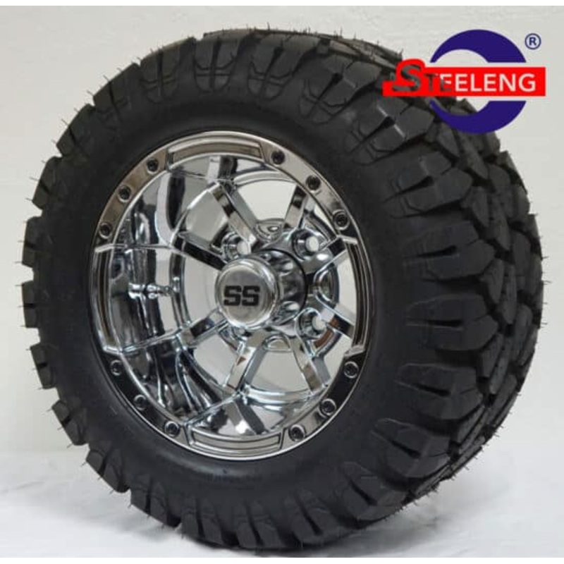 SGC 10″ Storm Trooper Chrome Wheel – Aluminum Alloy / STEELENG 18″x9″-10″ STINGER All Terrain Tire DOT approved Tires Combo – Set of 4