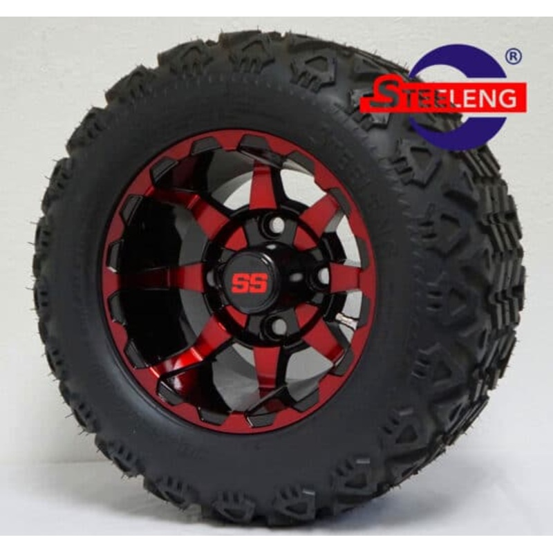SGC 10″ Vortex Red/Black Wheel – Aluminum Alloy / STEELENG 18″x9″-10″ All Terrain Tire DOT approved Tires Combo – Set of 4