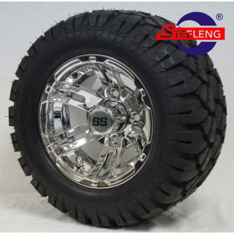 SGC 10″ x 7″ Bulldog Chrome Wheel – Aluminum Alloy / STEELENG 18″x9″-10″ STINGER All Terrain Tire DOT approved Tires Combo – Set of 4