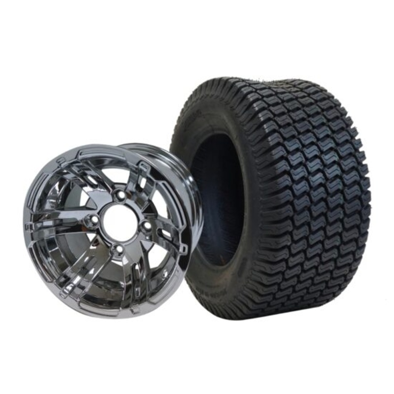 SGC 10″ x 7″ Bulldog Chrome Wheel – Aluminum Alloy / STEELENG 20″x8″-10″ Turf Tire Tires Combo – Set of 4