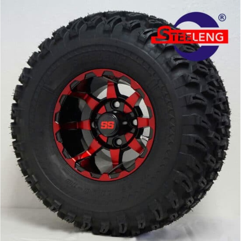SGC 10″x7″ Red/Black -VORTEX- Aluminum Alloy Wheels / STEELENG 22″x11″-10″ All Terrain Tire DOT approved Tires Combo – Set of 4