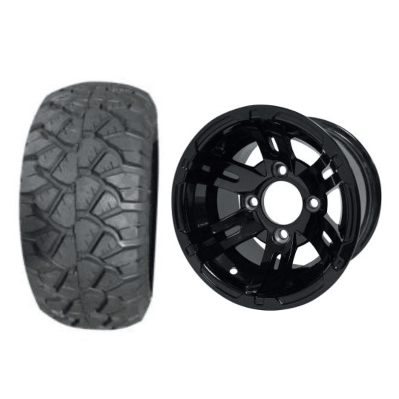 SGC 10″ Bulldog Glossy Black Wheel – Aluminum Alloy / STEELENG 18″x9″-10″ STINGER All Terrain Tire DOT approved Tires Combo – Set of 4