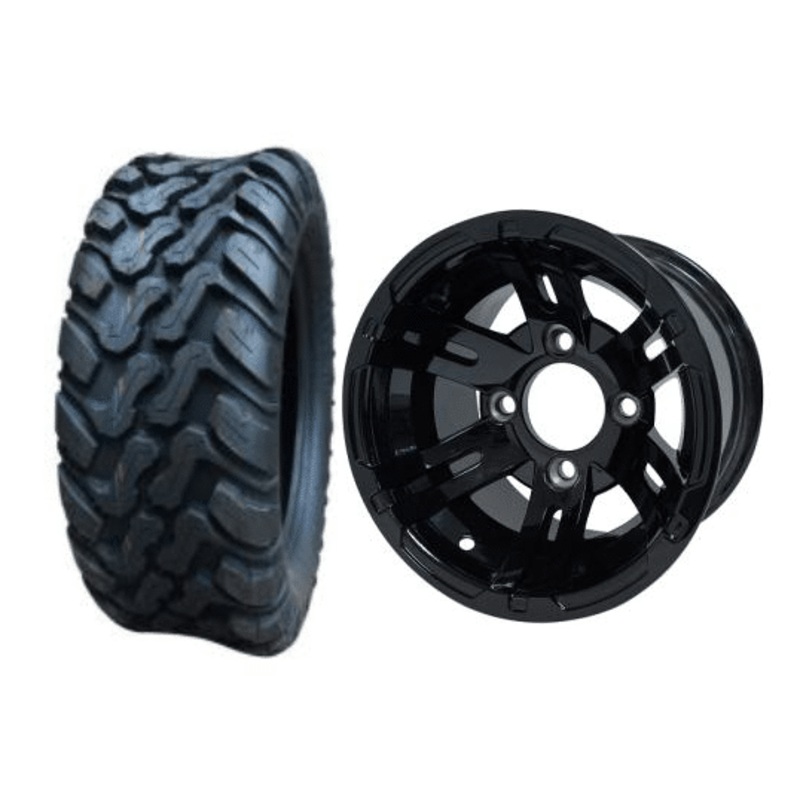 SGC 10″ Bulldog Glossy Black Wheel – Aluminum Alloy / STEELENG 22″x10.5″-10″ Mud Terrain Tires Combo – Set of 4