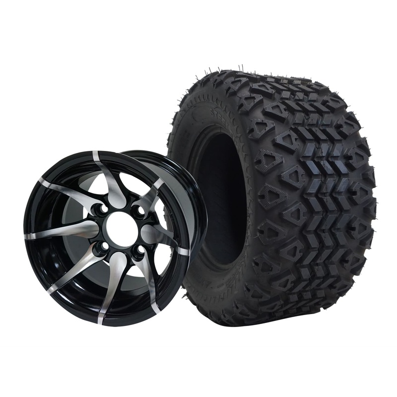 SGC 10″ Kraken Machined/Black Wheel – Aluminum Alloy / STEELENG 20″x10″-10″ All Terrain Tire DOT approved Tires Combo – Set of 4