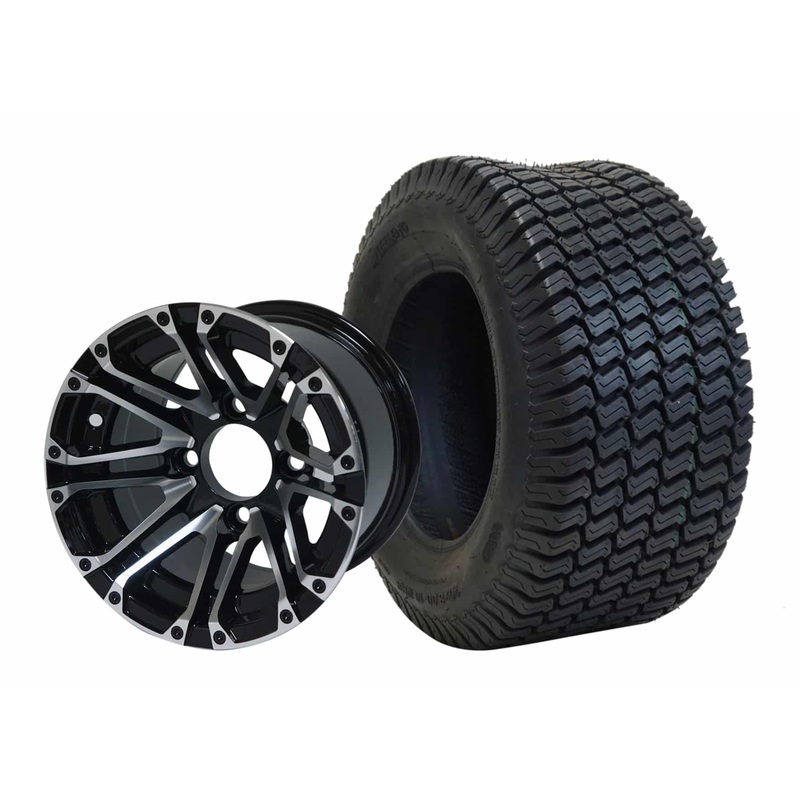 SGC 10″ Lancer Machined/Black Wheel – Aluminum Alloy / STEELENG 20″x8″-10″ Turf Tire Tires Combo – Set of 4