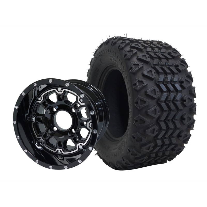 SGC 10″ Panther Glossy Black Wheel – Aluminum Alloy / STEELENG 20″x10″-10″ All Terrain Tire DOT approved Tires Combo – Set of 4