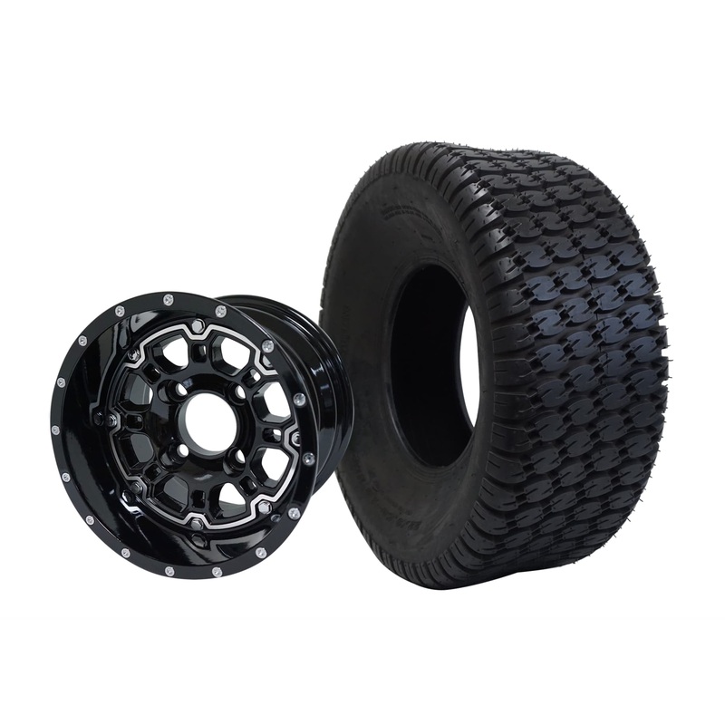 SGC 10″ Panther Glossy Black Wheel – Aluminum Alloy / STEELENG 22″x9.5″-10″ Turf Tire Tires Combo – Set of 4